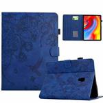 For Samsung Galaxy Tab A 10.5 T590 Flowers and Bird Embossed Smart Leather Tablet Case(Dark Blue)