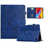 For Amazon Fire 7 2022 Flowers and Bird Embossed Smart Leather Tablet Case(Dark Blue)