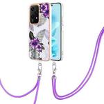 For Honor 200 Lite Global Electroplating Pattern IMD TPU Shockproof Case with Neck Lanyard(Purple Flower)