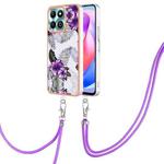 For Honor X6b Electroplating Pattern IMD TPU Shockproof Case with Neck Lanyard(Purple Flower)