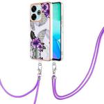 For Redmi 13 4G Electroplating Pattern IMD TPU Shockproof Case with Neck Lanyard(Purple Flower)