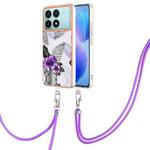 For Xiaomi Poco F6 Pro 5G Electroplating Pattern IMD TPU Shockproof Case with Neck Lanyard(Purple Flower)