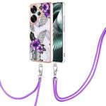 For Xiaomi Poco F6 5G Electroplating Pattern IMD TPU Shockproof Case with Neck Lanyard(Purple Flower)