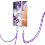 For Motorola Moto G85 Electroplating Pattern IMD TPU Shockproof Case with Neck Lanyard(Purple Flower)