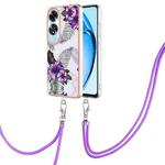 For OPPO A60 Electroplating Pattern IMD TPU Shockproof Case with Neck Lanyard(Purple Flower)