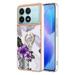 For Xiaomi Poco F6 Pro 5G Electroplating Pattern IMD TPU Shockproof Case with Rhinestone Ring Holder(Purple Flower)