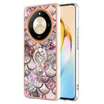 For Honor X9b Electroplating Pattern IMD TPU Shockproof Case with Rhinestone Ring Holder(Pink Scales)