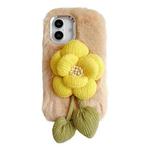 For iPhone 16 Plus Cloth Flower Plush TPU Phone Case(Beige)