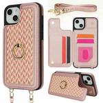 For iPhone 14 Plus / 15 Plus Double Bckle Card Slot Full Coverage Phone Case with Cross-body Strap(Rose Gold)