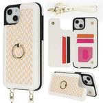 For iPhone 15 Double Bckle Card Slot Full Coverage Phone Case with Cross-body Strap(White)