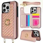 For iPhone 13 Pro Max Double Bckle Card Slot Full Coverage Phone Case with Cross-body Strap(Rose Gold)