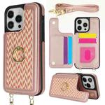 For iPhone 13 Pro Double Bckle Card Slot Full Coverage Phone Case with Cross-body Strap(Rose Gold)