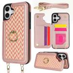 For iPhone 16 Plus Double Bckle Card Slot Full Coverage Phone Case with Cross-body Strap(Rose Gold)