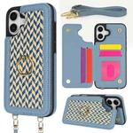 For iPhone 16 Plus Double Bckle Card Slot Full Coverage Phone Case with Cross-body Strap(Blue)