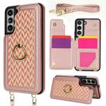 For Samsung Galaxy S22 5G Double Bckle Card Slot Full Coverage Phone Case with Cross-body Strap(Rose Gold)