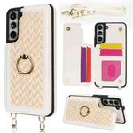 For Samsung Galaxy S22+ 5G Double Bckle Card Slot Full Coverage Phone Case with Cross-body Strap(White)