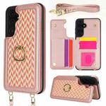 For Samsung Galaxy S23 FE 5G Double Bckle Card Slot Full Coverage Phone Case with Cross-body Strap(Rose Gold)