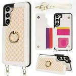 For Samsung Galaxy S23+ 5G Double Bckle Card Slot Full Coverage Phone Case with Cross-body Strap(White)