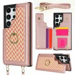 For Samsung Galaxy S23 Ultra 5G Double Bckle Card Slot Full Coverage Phone Case with Cross-body Strap(Rose Gold)