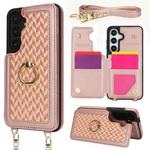 For Samsung Galaxy S24 5G Double Bckle Card Slot Full Coverage Phone Case with Cross-body Strap(Rose Gold)