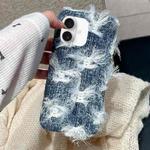 For iPhone 16 Plus Striped Fabric Plush TPU Phone Case(Dark Blue)