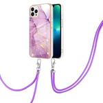 For iPhone 16 Pro Max Electroplating Marble Dual-side IMD Phone Case with Lanyard(Purple 001)