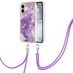 For iPhone 16 Electroplating Marble Dual-side IMD Phone Case with Lanyard(Purple 002)