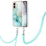 For iPhone 16 Electroplating Marble Dual-side IMD Phone Case with Lanyard(Green 003)