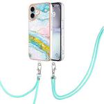 For iPhone 16 Electroplating Marble Dual-side IMD Phone Case with Lanyard(Green 004)