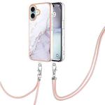 For iPhone 16 Electroplating Marble Dual-side IMD Phone Case with Lanyard(White 006)