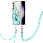 For Samsung Galaxy S24 FE 5G Electroplating Marble Dual-side IMD Phone Case with Lanyard(Green 003)