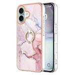 For iPhone 16 Plus Electroplating Marble IMD TPU Phone Case with Ring Holder(Rose Gold 005)