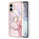 For iPhone 16 Electroplating Marble IMD TPU Phone Case with Ring Holder(Rose Gold 005)