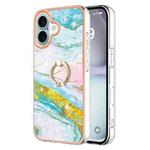 For iPhone 16 Electroplating Marble IMD TPU Phone Case with Ring Holder(Green 004)