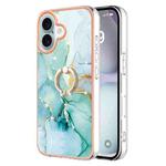 For iPhone 16 Electroplating Marble IMD TPU Phone Case with Ring Holder(Green 003)