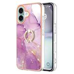 For iPhone 16 Electroplating Marble IMD TPU Phone Case with Ring Holder(Purple 001)