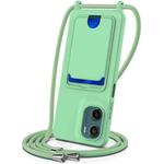For Motorola Moto G05 / E15 4G Integrated Card Bag Solid Color Liquid Silicone Phone Case with Lanyard(Green)
