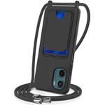 For Motorola Moto G05 / E15 4G Integrated Card Bag Solid Color Liquid Silicone Phone Case with Lanyard(Black)