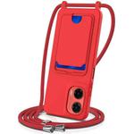 For Motorola Moto G35 Integrated Card Bag Solid Color Liquid Silicone Phone Case with Lanyard(Red)