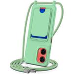 For Motorola Moto G35 Integrated Card Bag Solid Color Liquid Silicone Phone Case with Lanyard(Green)
