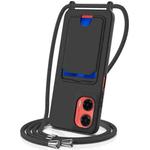 For Motorola Moto G35 Integrated Card Bag Solid Color Liquid Silicone Phone Case with Lanyard(Black)