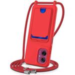 For Motorola Moto G55 Integrated Card Bag Solid Color Liquid Silicone Phone Case with Lanyard(Red)