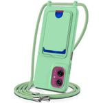 For Motorola Moto G55 Integrated Card Bag Solid Color Liquid Silicone Phone Case with Lanyard(Green)
