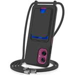 For Motorola Moto G55 Integrated Card Bag Solid Color Liquid Silicone Phone Case with Lanyard(Black)
