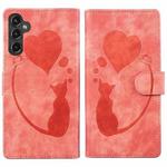 For Samsung Galaxy S25 5G Pen Heart Cat Embossed Leather Phone Case(Orange)