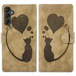 For Samsung Galaxy S25 5G Pen Heart Cat Embossed Leather Phone Case(Apricot)