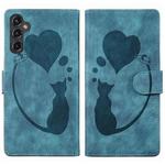 For Samsung Galaxy S25+ 5G Pen Heart Cat Embossed Leather Phone Case(Blue)