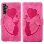 For Samsung Galaxy S25+ 5G Pen Heart Cat Embossed Leather Phone Case(Pink)