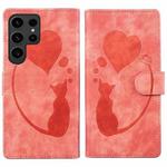 For Samsung Galaxy S25 Ultra 5G Pen Heart Cat Embossed Leather Phone Case(Orange)