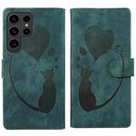 For Samsung Galaxy S25 Ultra 5G Pen Heart Cat Embossed Leather Phone Case(Green)